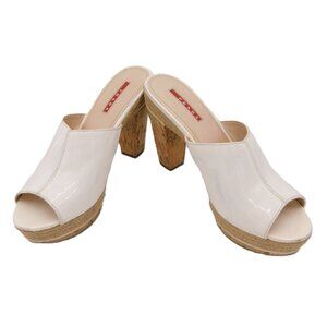 Prada Cork Platform Block Heel Mules Slide Sandals | White Patent Leather | 40